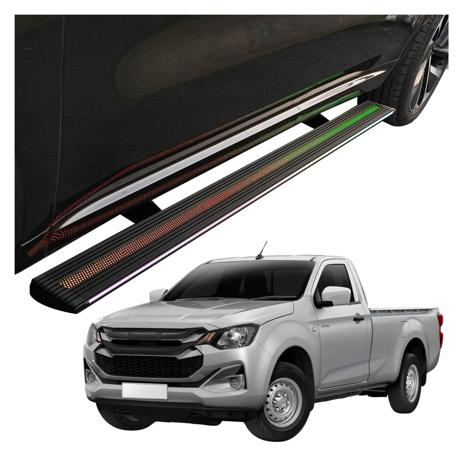 MOMOBP Automatisch einziehbare Trittbretter, kompatibel mit ISUZU D-MAX 2-Türer/4-Türer (2023–2025) | App-gesteuerte LED-Leuchten, Tragkraft 271 kg | Wasserdicht for den Einsatz im Gelände und bei Nac von MOMOBP