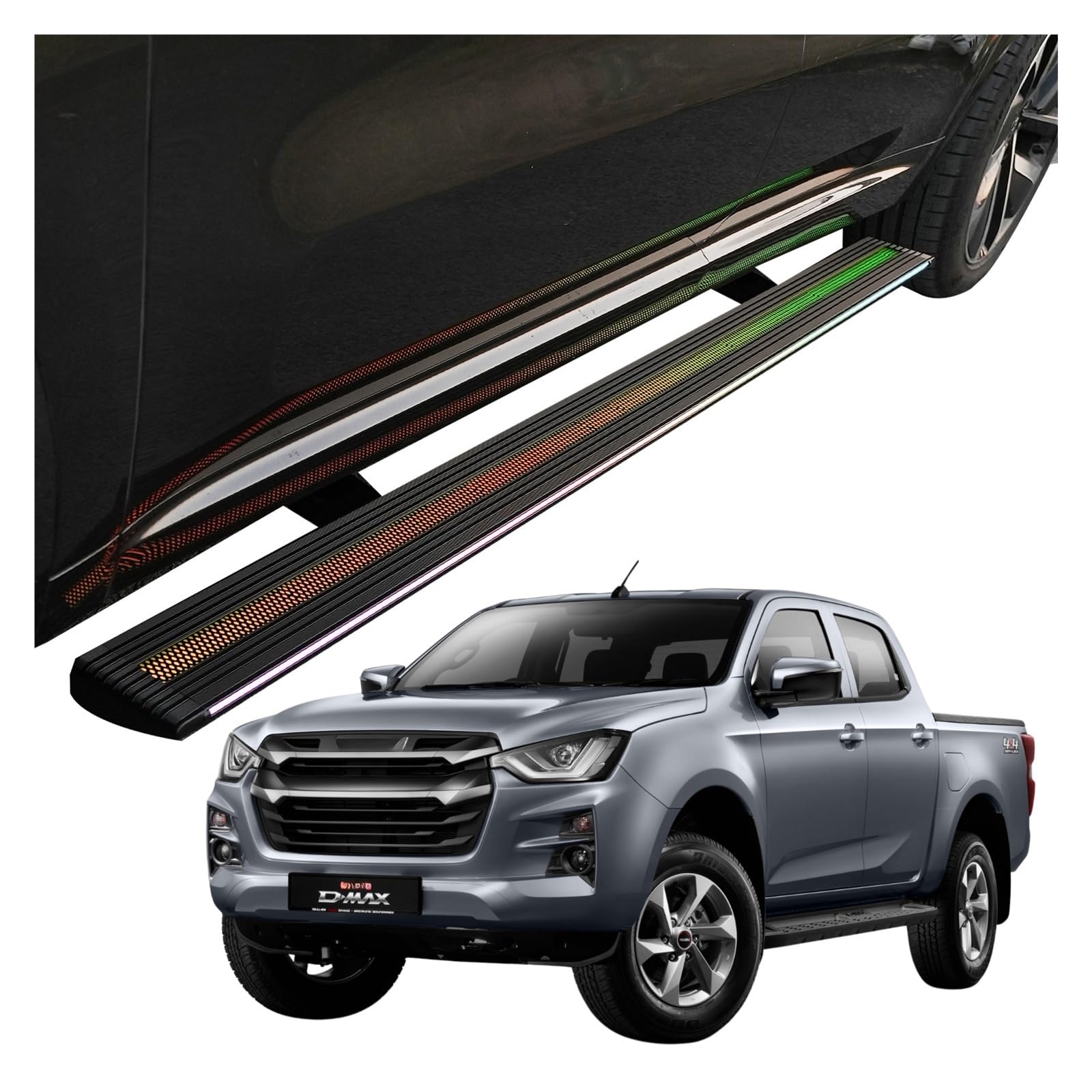 MOMOBP Automatisch einziehbare Trittbretter, kompatibel mit ISUZU D-MAX 2-Türer/4-Türer (2023–2025) | App-gesteuerte LED-Leuchten, Tragkraft 271 kg | Wasserdicht for den Einsatz im Gelände und bei Nac von MOMOBP