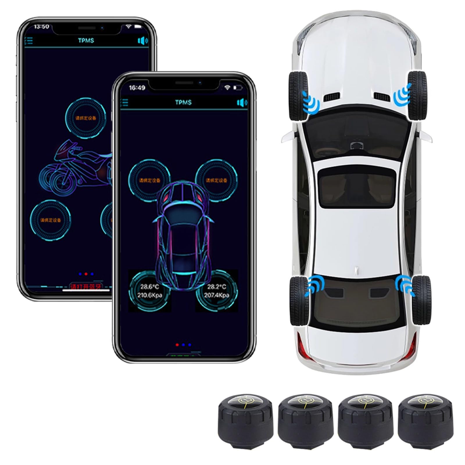 MOMOTOU Reifendrucksensor 5.1 Bluetooth-kompatibel TPMS 5 Alarm Modi IP67 wasserdichte Reifendruckkontrollsystem für Android/IOS Auto Motorrad Externer Sensor von MOMOTOU