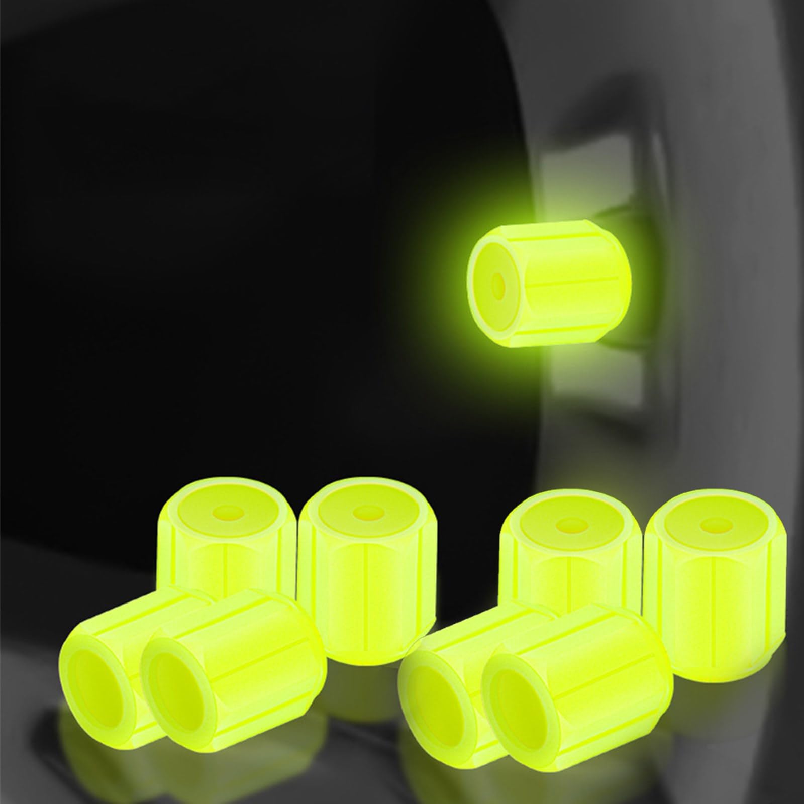 MOMOTOU Universelle Leuchtende Reifenventilkappen aus Kunststoff,die im Dunkeln leuchten, für Auto, Fahrrad, Motorrad (Gelb, 8 Stück) von MOMOTOU