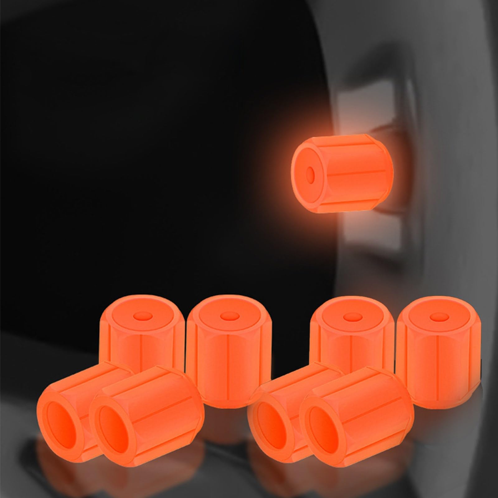 MOMOTOU Universelle Leuchtende Reifenventilkappen aus Kunststoff,die im Dunkeln leuchten, für Auto, Fahrrad, Motorrad (Orange, 8 Stück) von MOMOTOU