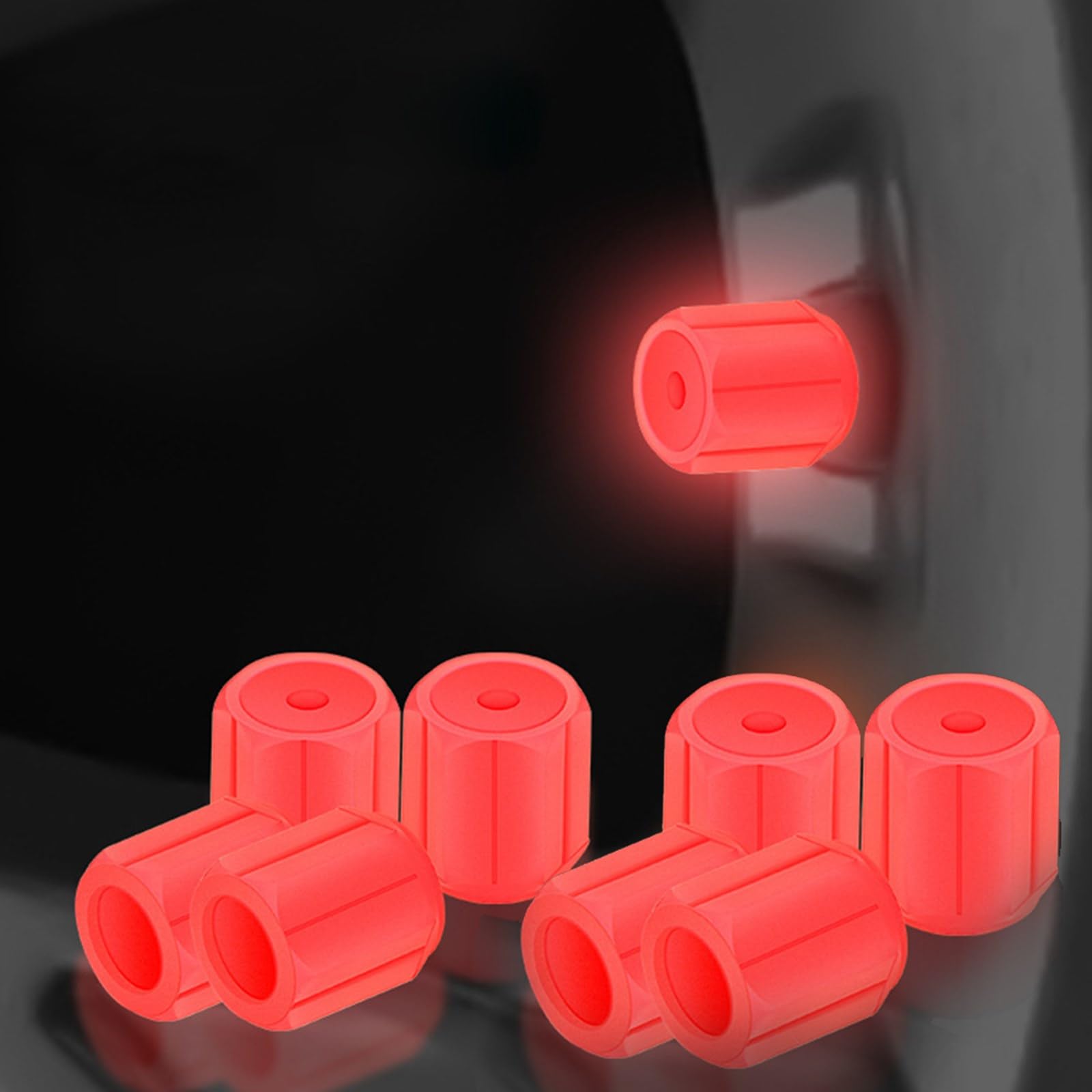 MOMOTOU Universelle Leuchtende Reifenventilkappen aus Kunststoff,die im Dunkeln leuchten, für Auto, Fahrrad, Motorrad (Rot, 8 Stück) von MOMOTOU