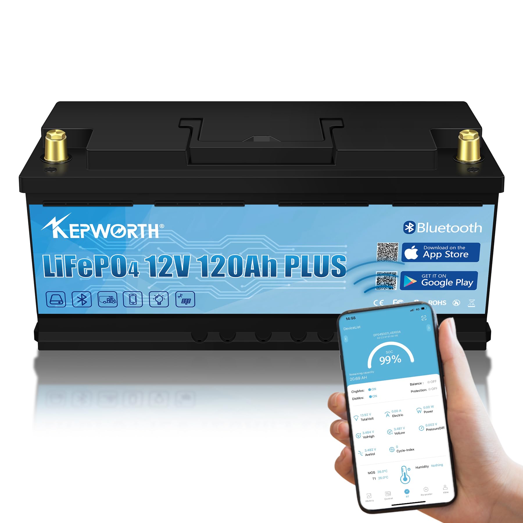 Bluetooth Lifepo4 120Ah 12V Akku, Solarbatterie mit max. 1536W Ausgangsleistung, perfekt für Ihr Wohnmobil, Solaranlage, Wohnwagen und Off-Grid von MOSEWORTH