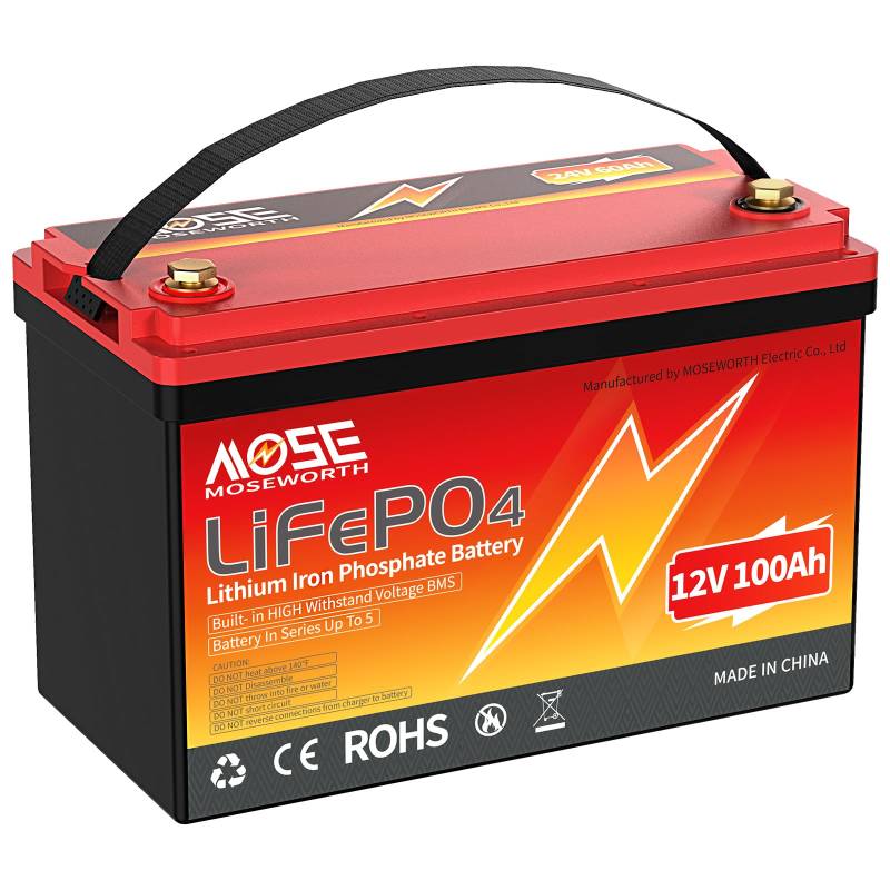 MOSEWORTH 12V 100Ah LiFePO4 Batterie, 1280Wh Lithium Akku mit Verbessertes 100A BMS, 5000-15000 Tiefe Zyklen, Unterstützung in Serie/Parallelschaltung, für Wohnmobil, Solarpanel, Marine, Haushalt von MOSEWORTH