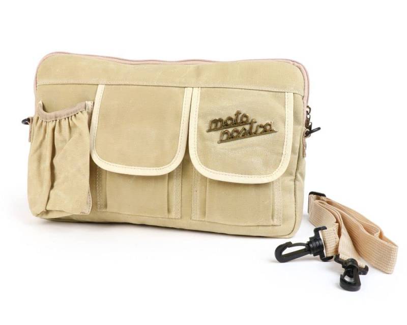 MOTO NOSTRA Tasche Gepäckfachklappe/Umhängetasche mit Getränkehalter waxed canvas beige passend für Vespa, Lambretta, GTV, GTS, HPE, Supertech, Touring von MOTO NOSTRA