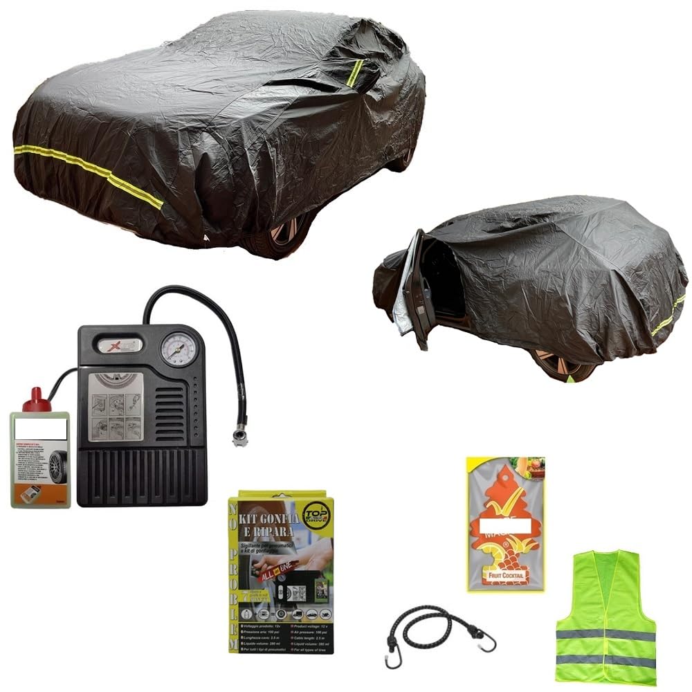 KOMPATIBEL MIT Renault Scénic dCi 130 CV Energy Intens wasserdichte Abdeckung AUTOABDECKUNG, MOTORHAUBENABDECKUNG + Notfall-PUMPE UND REPARATURSET FÜR REIFENPANNEN von MOTO SPORT MONDO