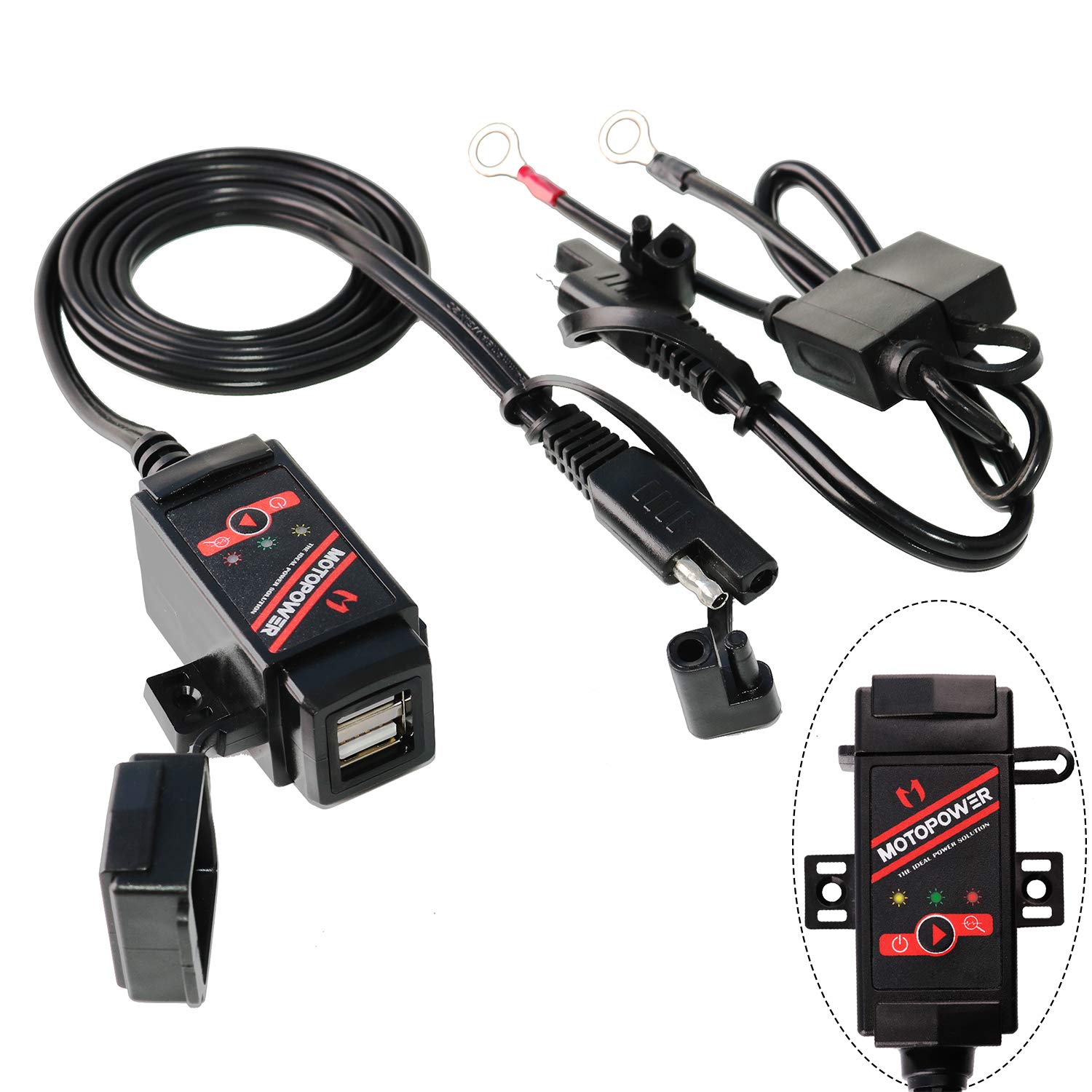 MOTOPOWER MP0608-UK 3,1 Amp Motorrad Dual USB Ladegerät und Batteriemonitor mit Schalter Steuerung von MOTOPOWER