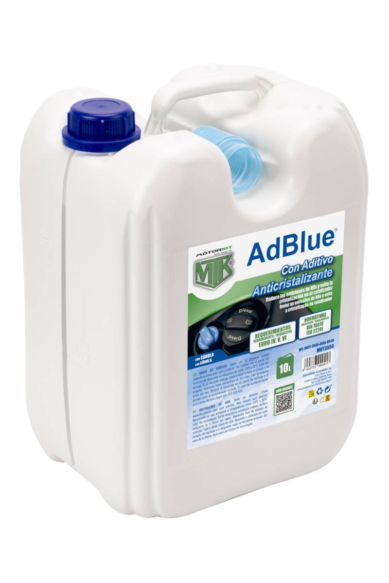 Motorkit AdBlue mit Antikristallisationszusatz in 10 Liter Flasche mit Kanüle. Reduziert die NOx Emissionen und verhindert die Kristallisation im Katalysator. Erfüllt Euro IV, V und VI von MOTORKIT