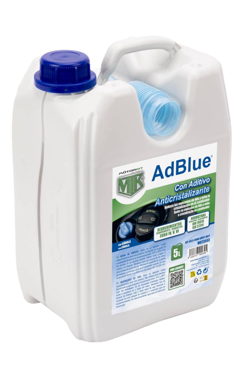 Motorkit AdBlue mit Antikristallisationszusatz in 5 Liter Flasche mit Kanüle. Reduziert NOx Emissionen und verhindert die Kristallisation im Katalysator. Erfüllt Euro IV, V und VI von MOTORKIT