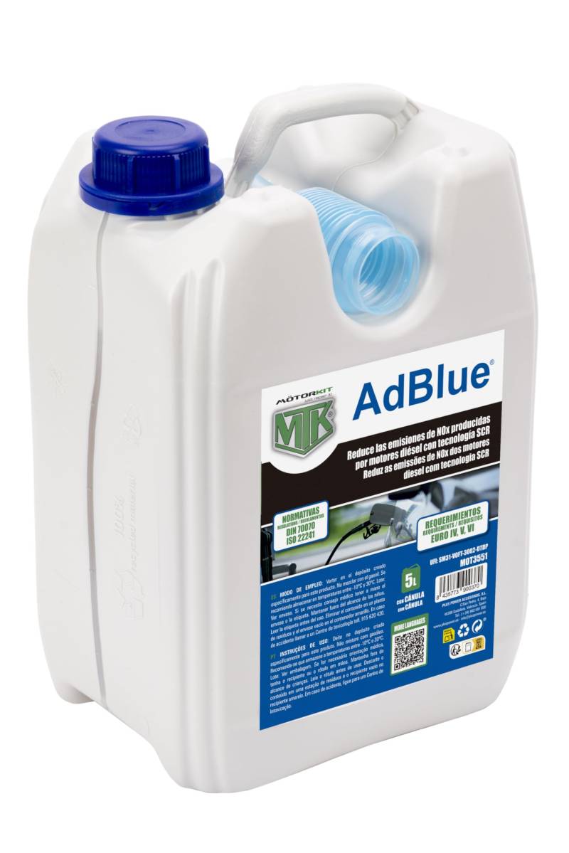 Motorkit AdBlue Additiv in 5 Liter Flasche mit Kanüle. Für Dieselmotoren mit SCR Technologie. Reduziert NOx Emissionen und erfüllt die Anforderungen der Abgasnormen Euro IV, V und VI von MOTORKIT