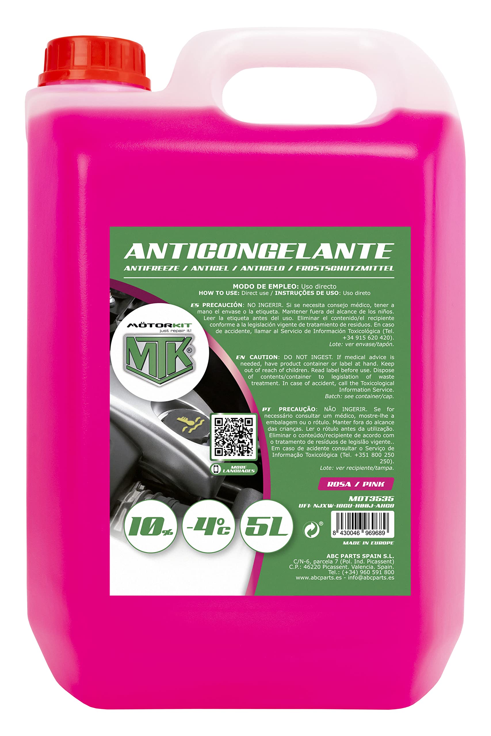 Motorkit MOT3535 5l rosa Frostschutzmittel mit 10%, geeignet für Klimazonen bis zu-4ºc, 5 l von MOTORKIT
