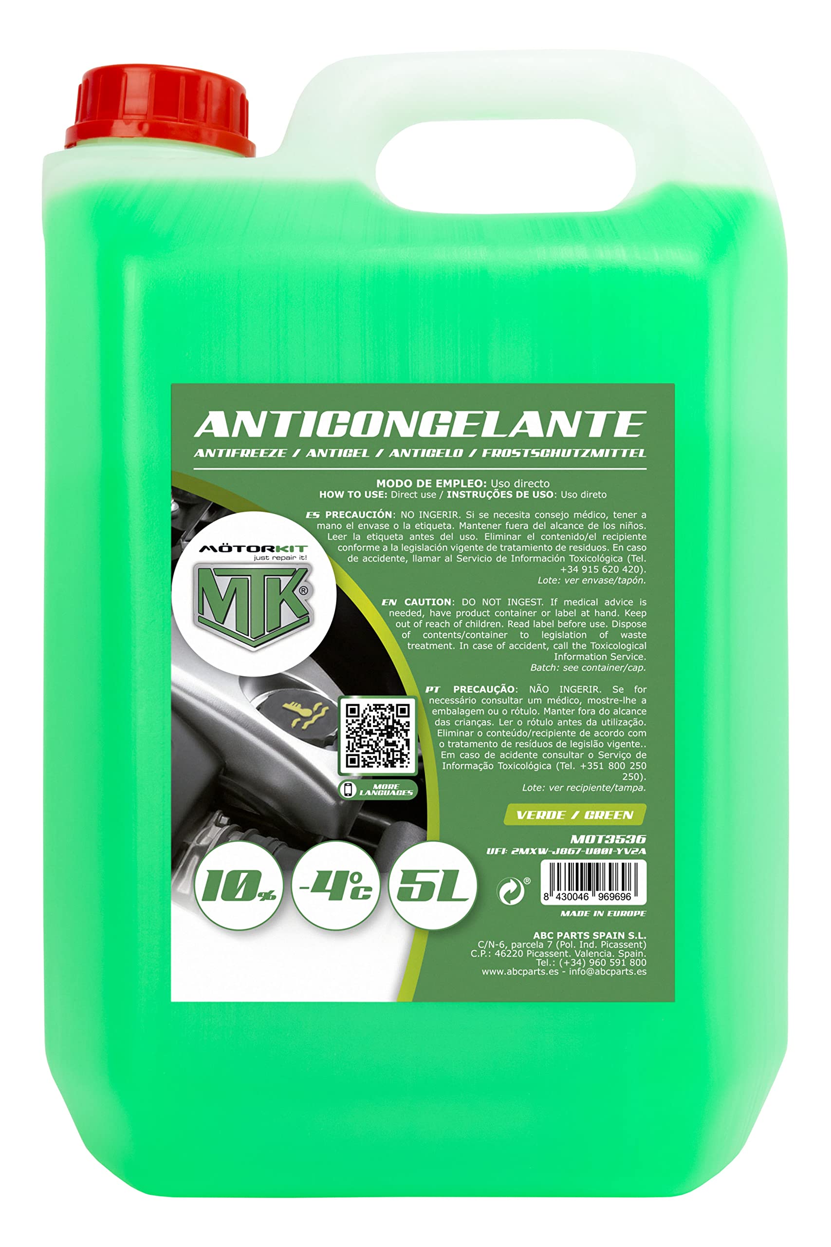 Motorkit MOT3536 5l grünes Frostschutzmittel mit 10%, geeignet für Klimazonen bis zu-4ºc, 5 l, GRÜN Motorkit MOT3536 5l grünes Frostschutzmittel mit 10%, geeignet für Klimazonen bis zu-4ºc, 5 l, GRÜN von MOTORKIT