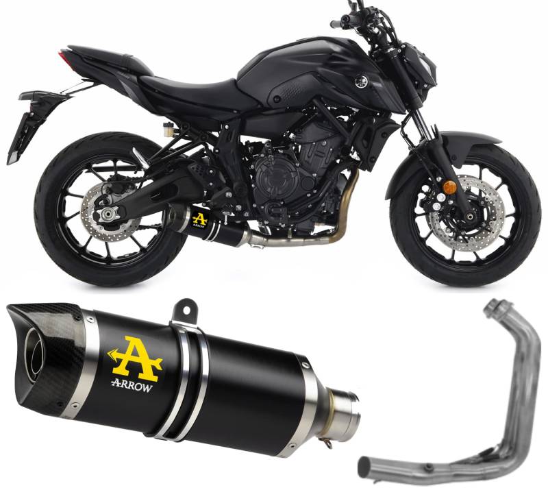 Arrow 71930akn+71758mi Endstück und Kollektor, komplette Anlage, zugelassen Open Thunder Aluminium, schwarz, mit Carbonboden, kompatibel mit Motorrad Yamaha MT07 MT-07 2021 2022 2023 mototopgun von MOTOTOPGUN