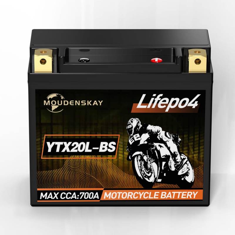 MOUDENSKAY Lithium Motorrad Batterie 12V Lithium Powersports Batterie mit BMS (YTX20L-BS 12.8V 8Ah 700CCA) LiFePO4 Motorrad StarterBatterie für Motorräder, ATV, UTV, Roller, Wasserfahrzeuge, etc… von MOUDENSKAY