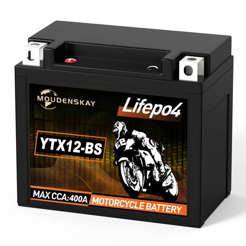 MOUDENSKAY Lithium Motorrad Batterie 12V Lithium Powersports Batterie mit BMS (YTX12-BS 12.8V 5Ah 400CCA) LiFePO4 Motorrad StarterBatterie für Motorräder, ATV, UTV, Roller, Wasserfahrzeuge, etc… von MOUDENSKAY