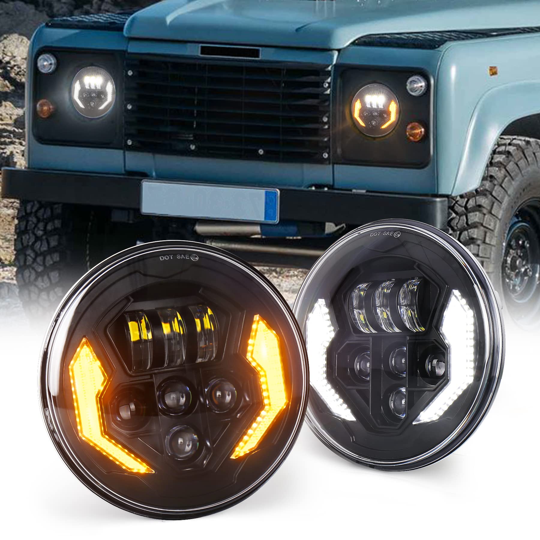 MOVOTOR 17,8 cm LED-Scheinwerfer, Defender-Scheinwerfer mit weißem Tagfahrlicht, bernsteinfarben, Blinker, Hi/Lo Beam, runde Scheinwerfer, kompatibel mit Defender 90 110 Jeep Wrangler JK JKU TJ CJ MOVOTOR 17,8 cm LED-Scheinwerfer, Defender-Scheinwerfer mit weißem Tagfahrlicht, bernsteinfarben, Blinker, Hi/Lo Beam, runde Scheinwerfer, kompatibel mit Defender 90 110 Jeep Wrangler JK JKU TJ CJ von MOVOTOR