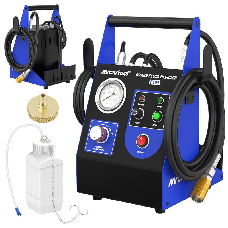 MRCARTOOL KFZ Bremsenentlüftungsgerät 220V Auto Pulsierendes Automatisch Bremsenentlüftungsset Bremsflüssigkeitswechselgerät mit 1 Hauptbremszylinderadapter, 0.5~2.5Bar Einstellbarer Druck von MRCARTOOL