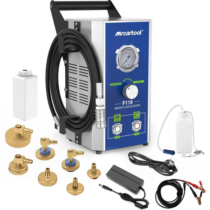 MRCARTOOL KFZ Bremsenentlüftungsgerät 12V 220V Elektrisch Auto Bremsenentlüfter Bremsflüssigkeitswechselgerät mit 7 Hauptbremszylinderadapter, 2 Druckmodi (1.5-2.0bar, 2-2.5bar) für Alle Fahrzeuge von MR CARTOOL