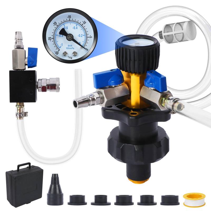MRCARTOOL Kühlmittelsystem Nachfüllset mit 5 Adaptern und 2 EU Luftanschlüsse, KFZ Kühlmittel-Vakuum-Nachfüllset Kühlsystem Befüll Vakuum-Lecktester, Test Heizkörper und Heizkernleitungen für Lecks von MRCARTOOL