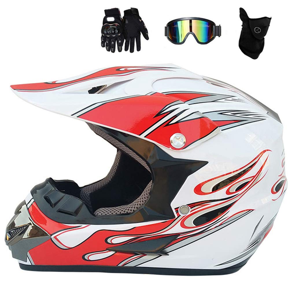 Adult Motorradhelm Motocross Helm mit Brille Handschuhe Maske, Weiß und Rot, Off Road Crosshelm Fullface Helm Motorrad MTB Cross Mountainbike Schutzhelm Quad Enduro ATV,M von MRDEAR