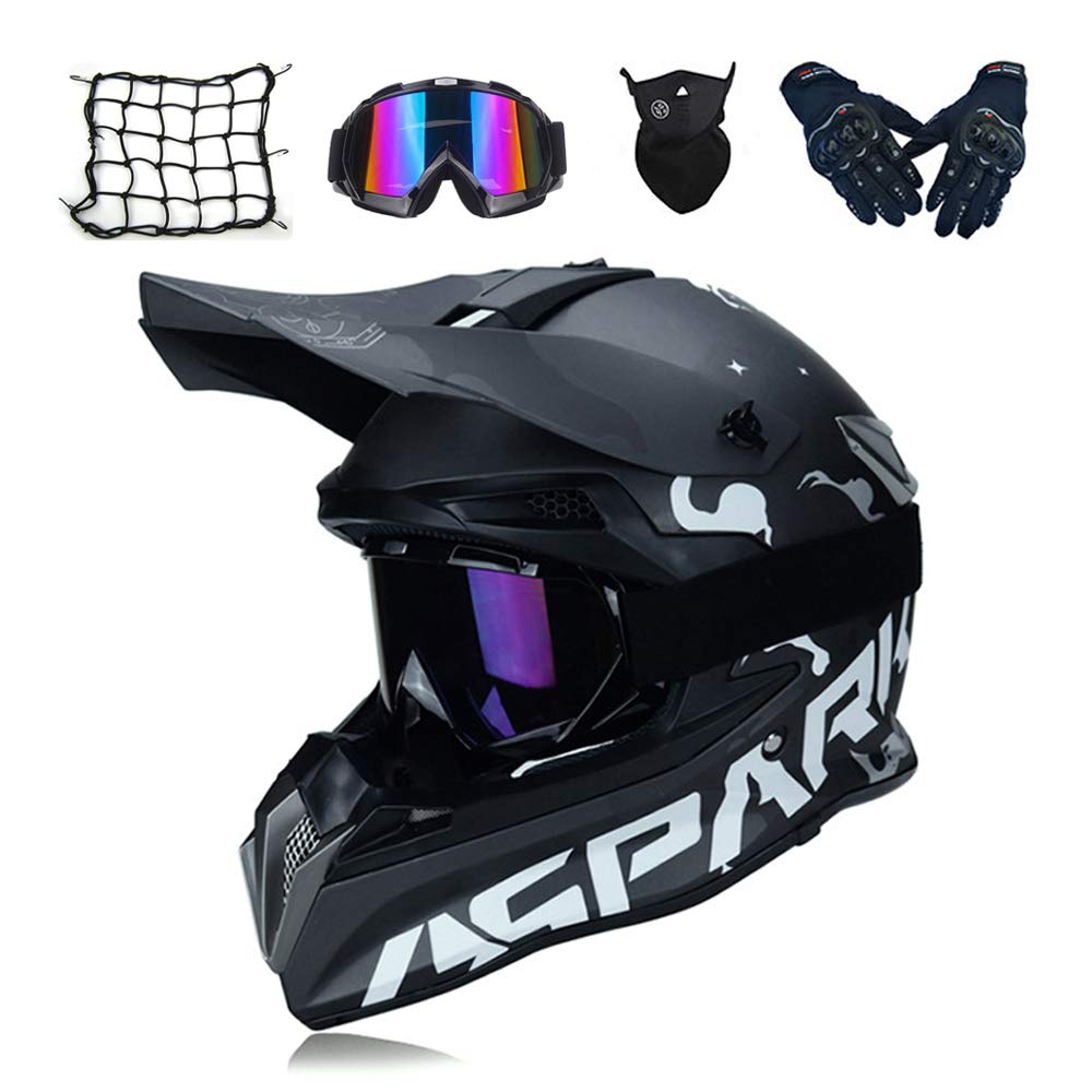 MRDEAR Motocross Helm Schwarz, Motorrad Crosshelm Set mit Brille Handschuhe Maske Motorrad Netz, VOMI Fullface MTB BMX Helm Motorradhelm Herren für Quad ATV Downhill Enduro Sport,M von MRDEAR