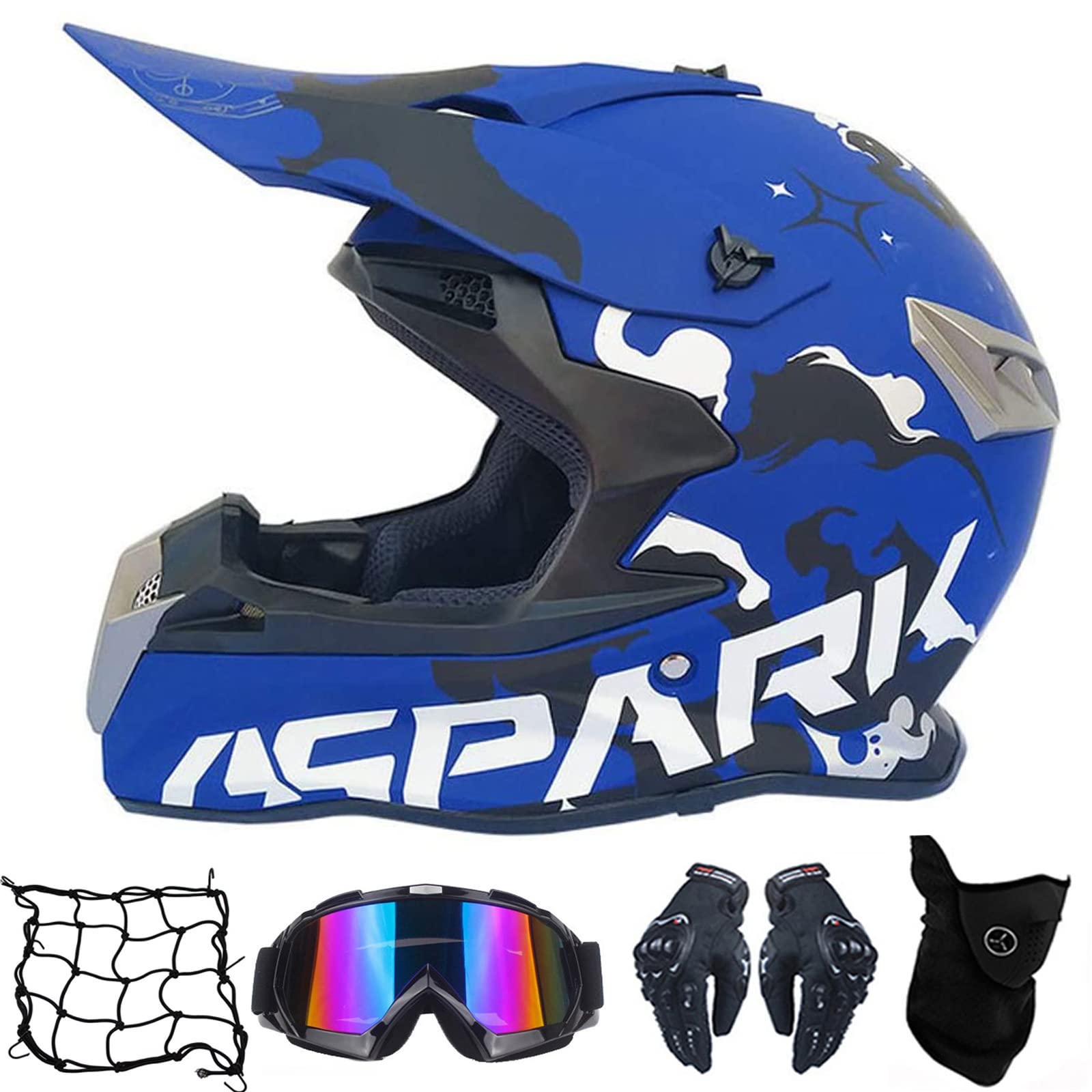 MRDEAR Motorrad Crosshelm Damen Motocross Helm mit Brille (5 Stück), Blau, Off Road Helm Kit Motorradhelm Schutzhelm für ATV Downhill MTB Sicherheit Schutz,L von MRDEAR