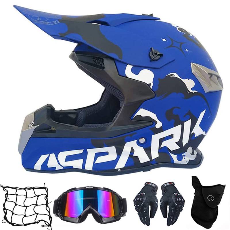 MRDEAR Motorrad Crosshelm Damen Motocross Helm mit Brille (5 Stück), Blau, Off Road Helm Kit Motorradhelm Schutzhelm für ATV Downhill MTB Sicherheit Schutz,M von MRDEAR