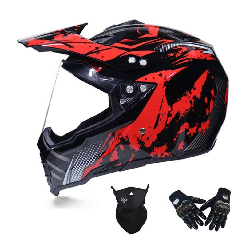 Motocross Helm mit Visier, Crosshelm Set mit Handschuhe Maske, Motorrad Fullface Offroad Helm Motorradhelm Schutzhelm Sicherheit Schutz Kit für MTB Enduro BMX Downhill, 3 Farben,Rot,XL von MRDEAR