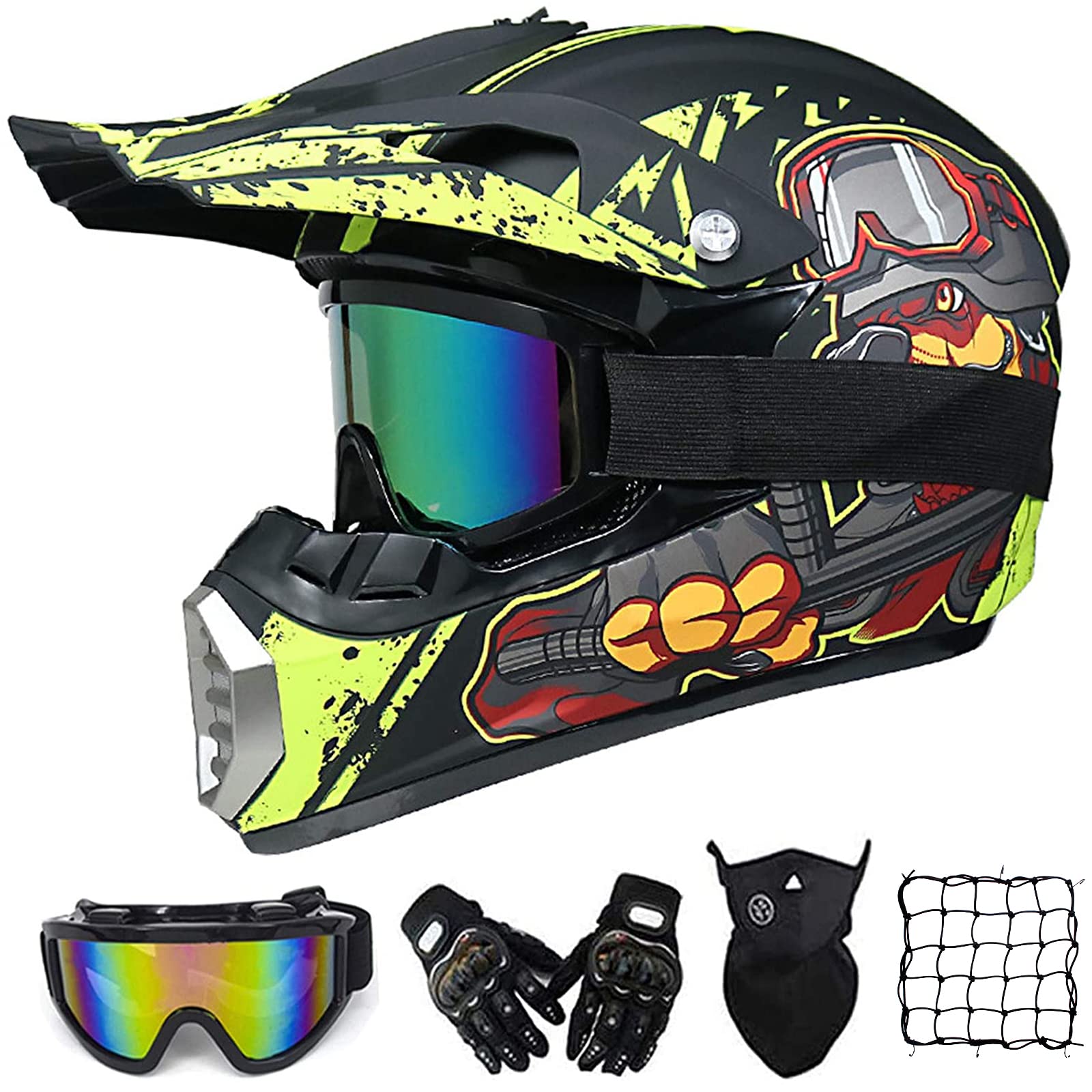 VOMI Motorrad Crosshelm Set, Schwarz und Gelb, Motocross Helm Kinder Downhill Fullface-Helm Off Road MTB Cross Helm Mopedhelm mit Brille/ Handschuhe/ Maske/ Motorrad Netz (M) von MRDEAR