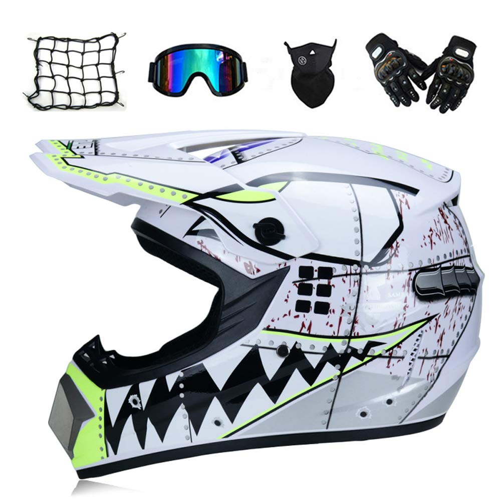 Weißer Hai - Motocross Helm mit Brille Handschuhe Maske Motorrad Netz, Motorrad Crosshelm Kinder Off Road Helm Motorradhelm Schutzhelm Kit für ATV Downhill MTB Sicherheit Schutz,M von MRDEAR