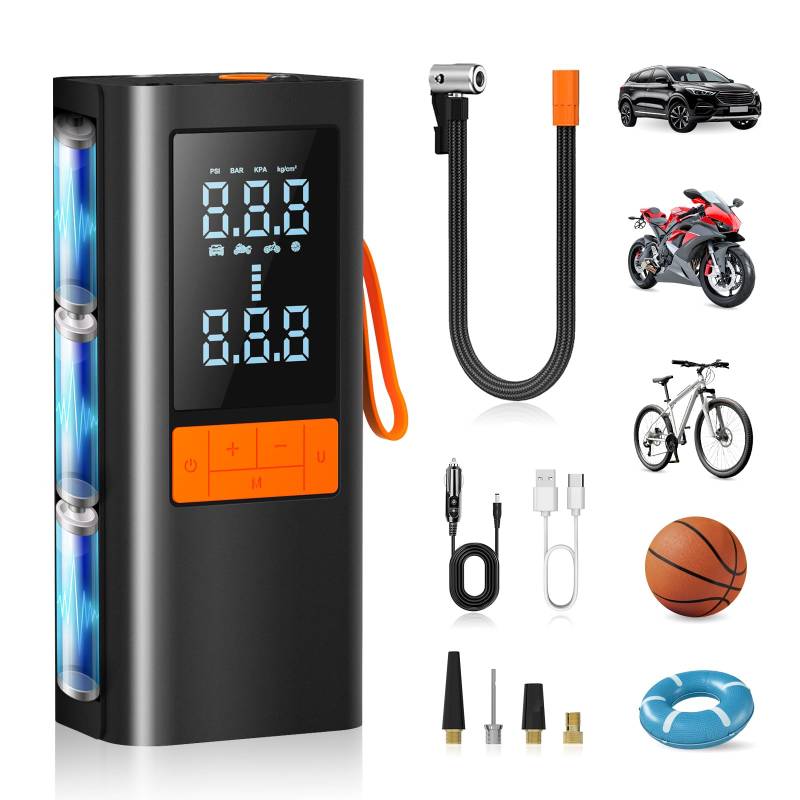 MRSCOZ Elektrische Luftpumpe LED Beleuchtung mit und PowerbankKabelloser Tragbare Akku mit Autostop, 150PSI Akku Luftpumpe für Auto Fahrrad Motorrad Bälle von MRSCOZ