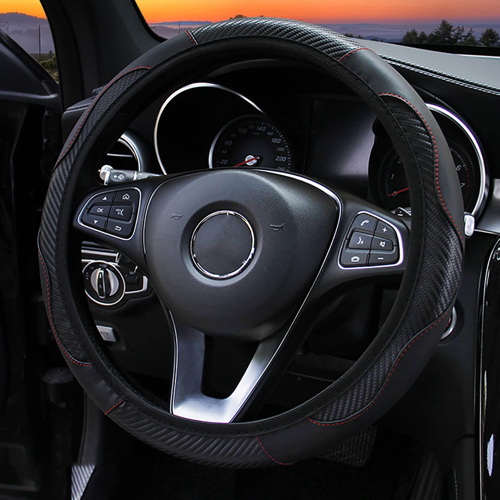 Auto-Lenkrad-Abdeckung Im Kohlefaser-Stil Elastische Griff Hülle Rutsch Feste Universal-Lenkrad Abdeckung für Runde D-förmige Lenkrade Mikro Faser PU-Leder 38cm (Schwarz) von MRSTORY
