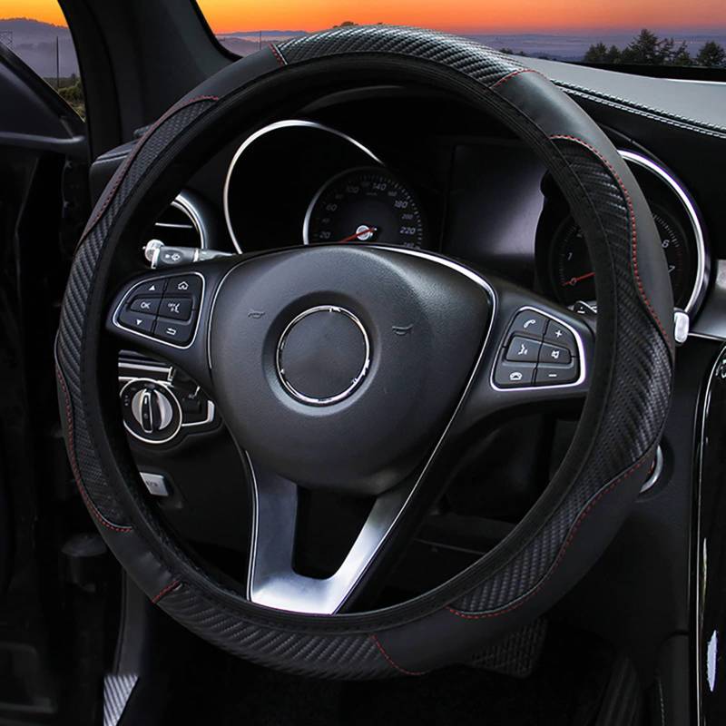 Auto-Lenkrad-Abdeckung Im Kohlefaser-Stil Elastische Griff Hülle Rutsch Feste Universal-Lenkrad Abdeckung für Runde D-förmige Lenkrade Mikro Faser PU-Leder 38cm (Schwarz) von MRSTORY
