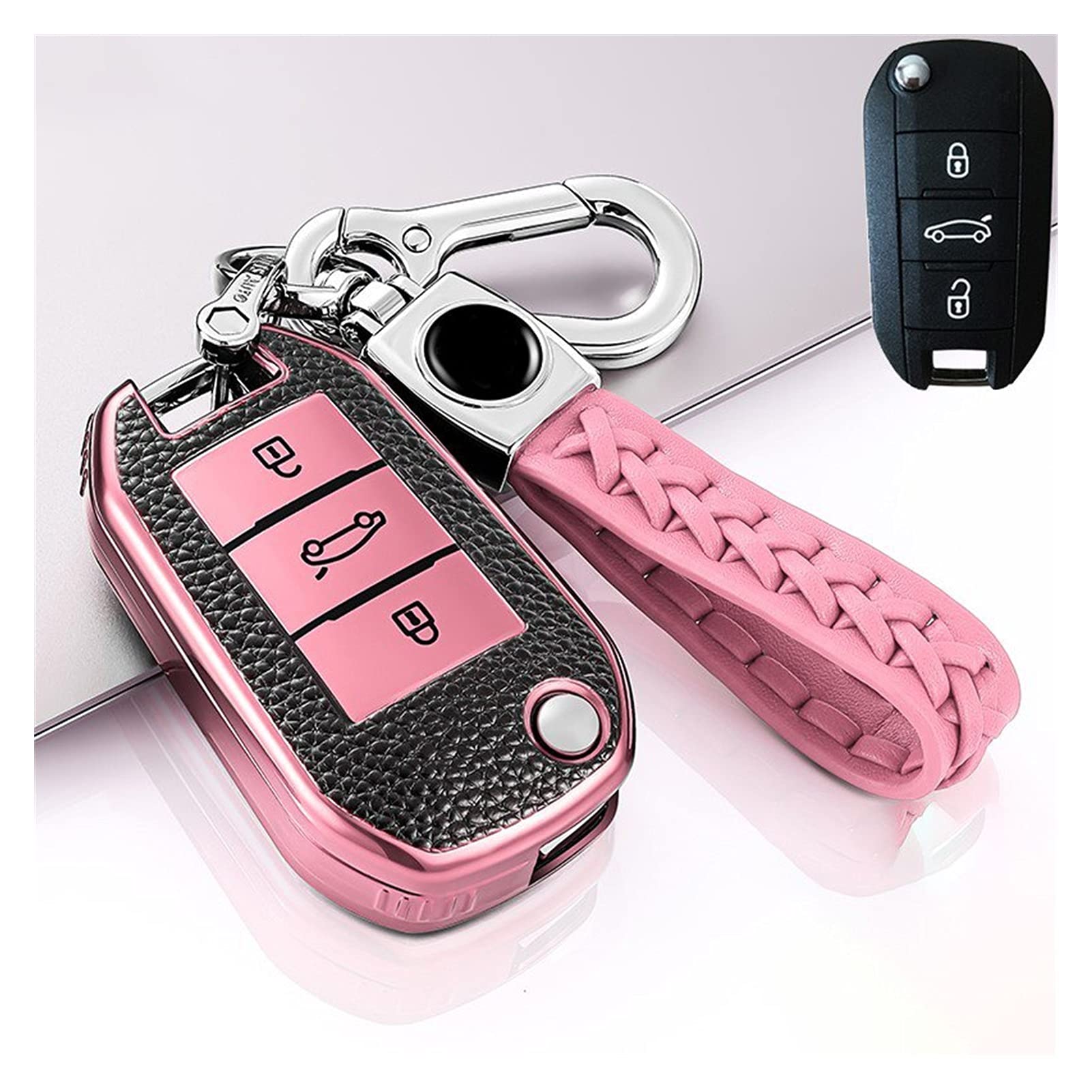 MSJL Autoschlüssel Schlüssel Hülle Schlüsselanhänger Tragbare Auto Key Case Cover Tasche Leder + TPU Für Citroen C4 Kaktus C5 Peugeot 508 301 2008 3008 208 408 508 (Farbe : Rosa) von MSJL