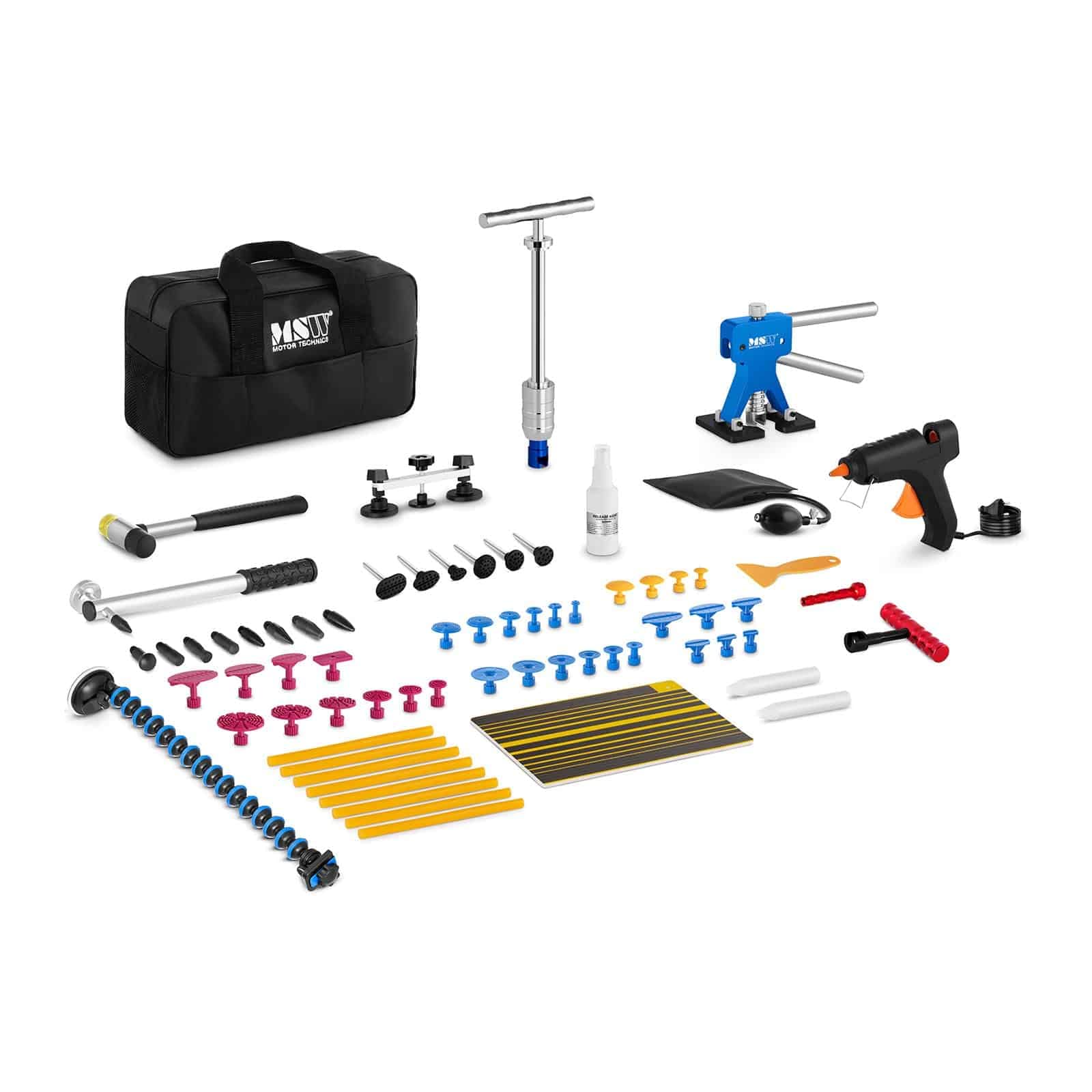 MSW Dellenreparatur Set MSW-DENTPULLER.SET3 Ausbeulwerkzeug 70-teilig Dellenlifter Set mit Zubehör Heiß-Klebepistole Zugadapter Gleithammer Ziehbrücke von MSW Motor Technics