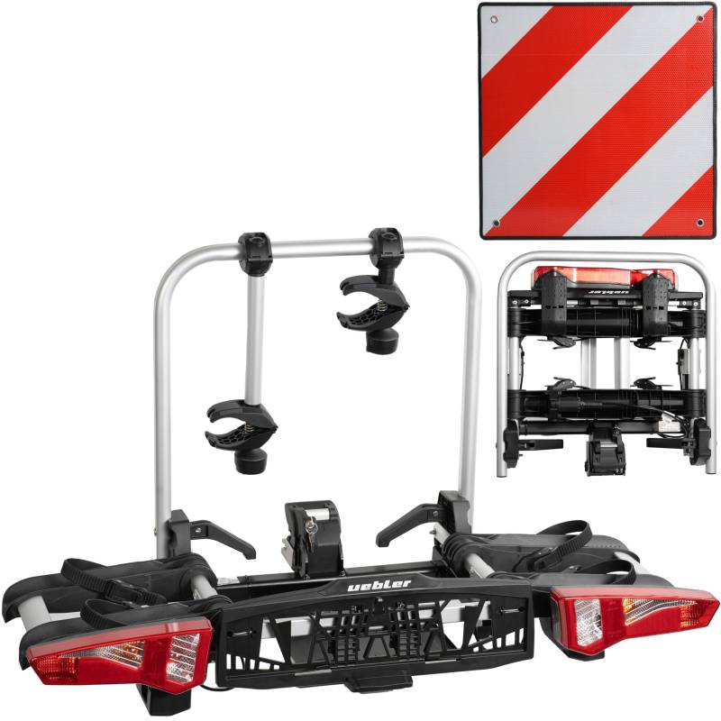 Uebler Fahrradträger i21 60° für 2 Fahrräder Auto Kupplungsträger klappbar E-Bike MTB inklusive reflektierende Warntafel 50x50cm + 4 Spanngummis von MSZweirad
