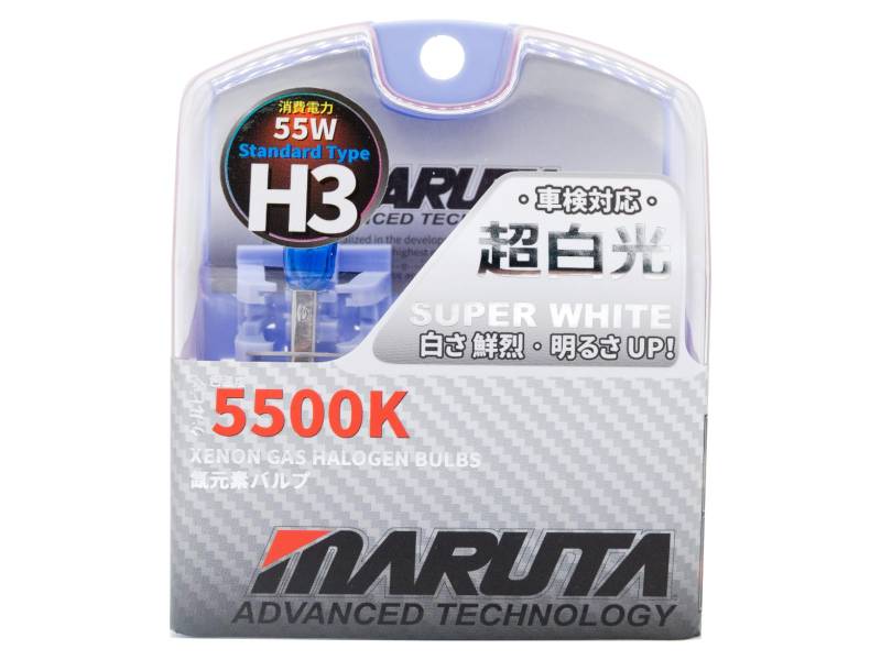 MARUTA SUPER WHITE H3 12V 55W Halogenlampe für Scheinwerfer, Nebelscheinwerfer & Tagfahrlicht, 5500K Xenon-Effekt, langlebige Xenon-Gas Birne mit hochwertigem Quarzglas & Straßenzulassung (ECE Prüfzei von MARUTA