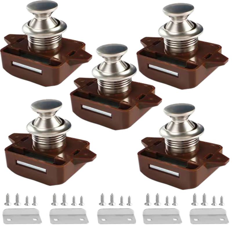 MTSmart Schlüssellos RV Schrankschlösser mit Groß Push Button, ABS RV Cabinet Catch Verriegelung für RV Wohnmobile Wohnmobil-Anhänger Wohnwagen Van Yachten Boote (Nickel 5 Stück) von MTSmart