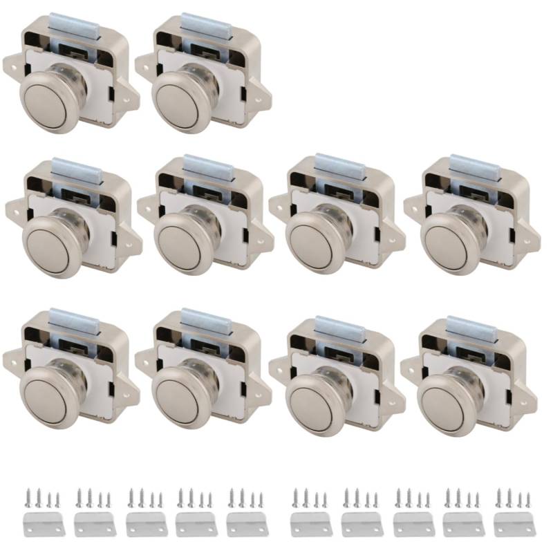 MTSmart Schlüssellos RV Schrankschlösser mit Groß Push Button, ABS RV Cabinet Catch Verriegelung für RV Wohnmobile Wohnmobil-Anhänger Wohnwagen Van Yachten Boote (Perlnickel 10 Stück) von MTSmart