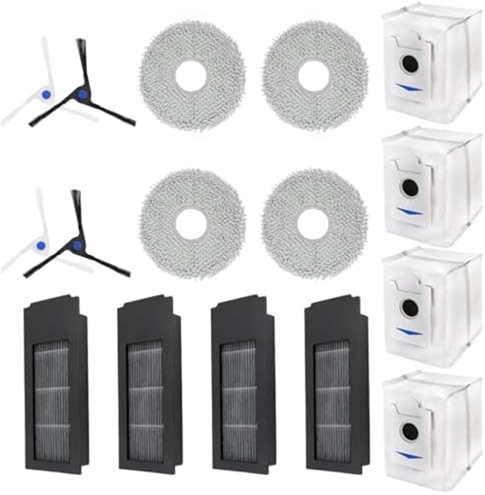 MUEOSI 16-teiliger Ersatz-Staubbeutel mit HEPA-Filter, for Staubsauger-Ersatzteile von Ecovacs Debot X2 Omni X2pro, 4 Seitenbürsten, 4 HEPA-Filter, 4 Wischpads, 4 Staubbeutel Staubsauger-Mopp-Pad von MUEOSI