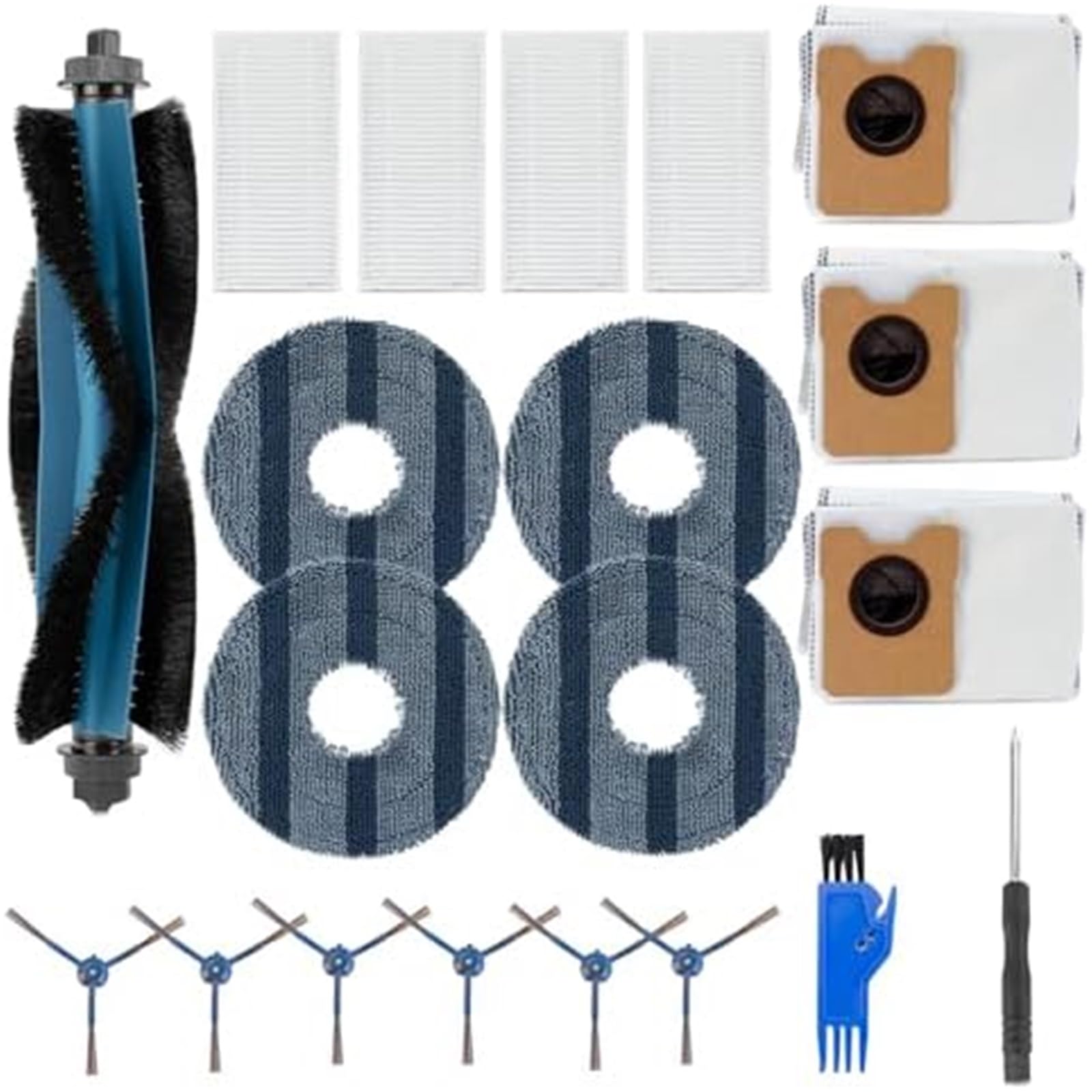 MUEOSI 20-teiliges Ersatzset for den Staubsauger Omni C20, 1 Hauptbürste, 4 HEPA-Filter, 6 Seitenbürsten, 4 Wischtuch-Pads, 3 Staubbeutel, 1 Reinigungswerkzeug, 1 Schraubendreher Staubsauger-Mopp-Pad( von MUEOSI