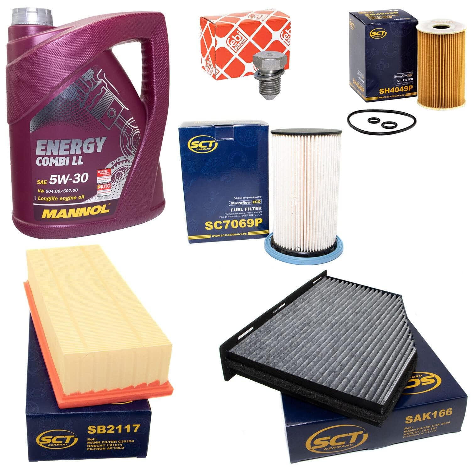 Inspektionspaket SCT Kraftstofffilter + Luftfilter + Innenraumfilter + Ölfilter + Ölablassschraube + Motoröl 5W30 Inspektionspaket SCT Kraftstofffilter + Luftfilter + Innenraumfilter + Ölfilter + Ölablassschraube + Motoröl 5W30 von MVH Bockauf