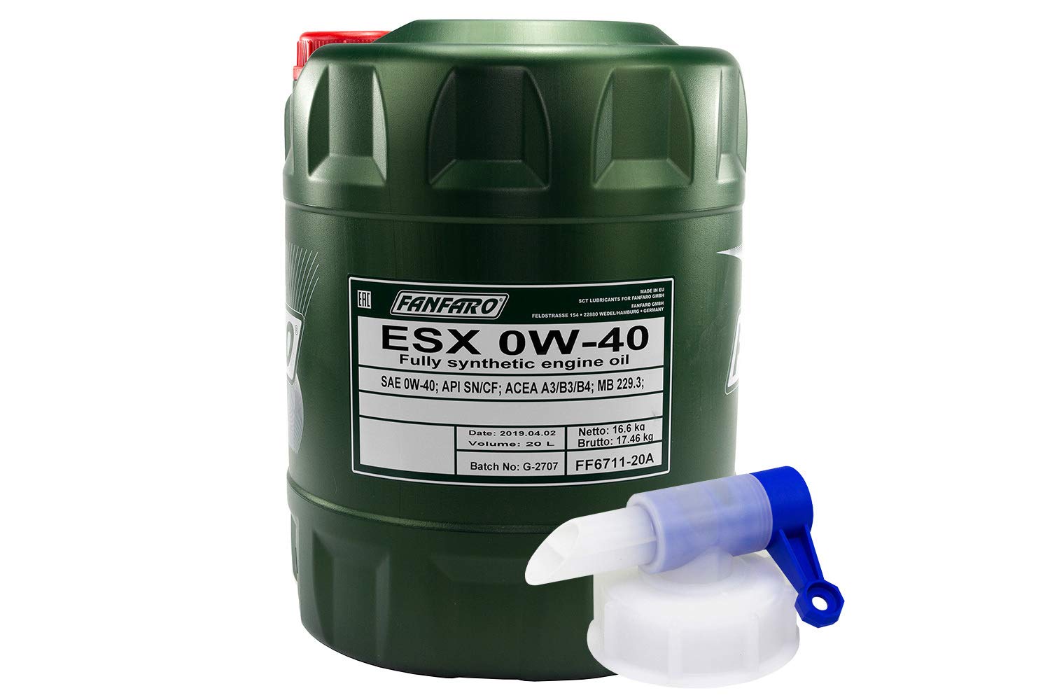 Motoröl FANFARO ESX 0W-40 API SN/CF 20 Liter inkl. Auslasshahn von MVH Bockauf