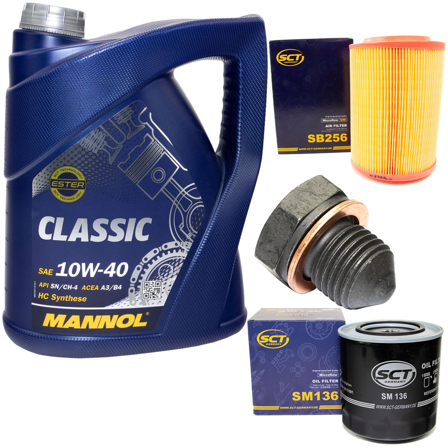 Motoröl Set 10W40 5 Liter + Ölfilter SM136 + Ölablassschraube 12281 + Luftfilter SB256 Motoröl Set 10W40 5 Liter + Ölfilter SM136 + Ölablassschraube 12281 + Luftfilter SB256 von MVH Bockauf