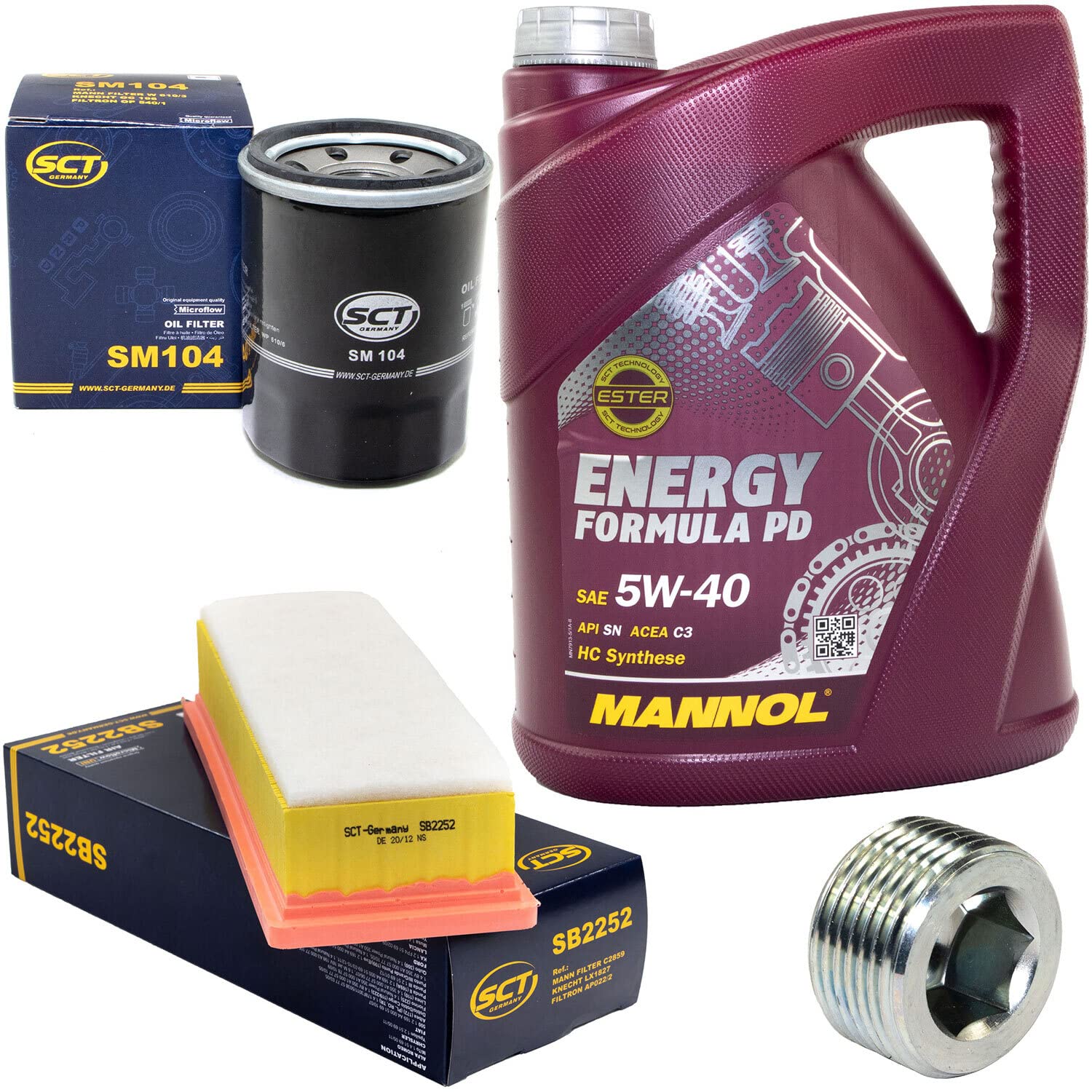 Motoröl Set 5W40 5 Liter + Ölfilter SM104 + Ölablassschraube 38179 + Luftfilter SB2252 Motoröl Set 5W40 5 Liter + Ölfilter SM104 + Ölablassschraube 38179 + Luftfilter SB2252 von MVH Bockauf