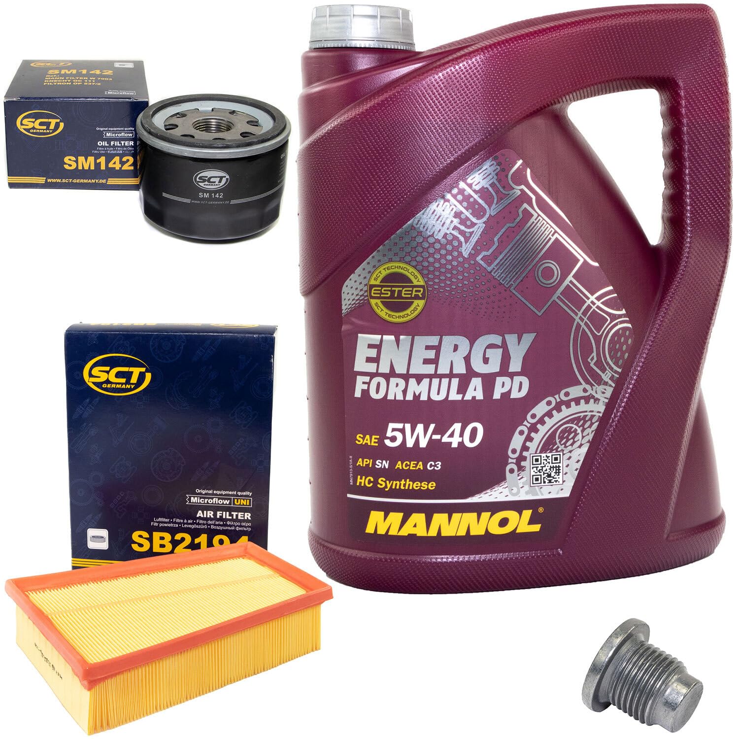Motoröl Set 5W40 5 Liter + Ölfilter SM142 + Ölablassschraube 48880 + Luftfilter SB2194 Motoröl Set 5W40 5 Liter + Ölfilter SM142 + Ölablassschraube 48880 + Luftfilter SB2194 von MVH Bockauf