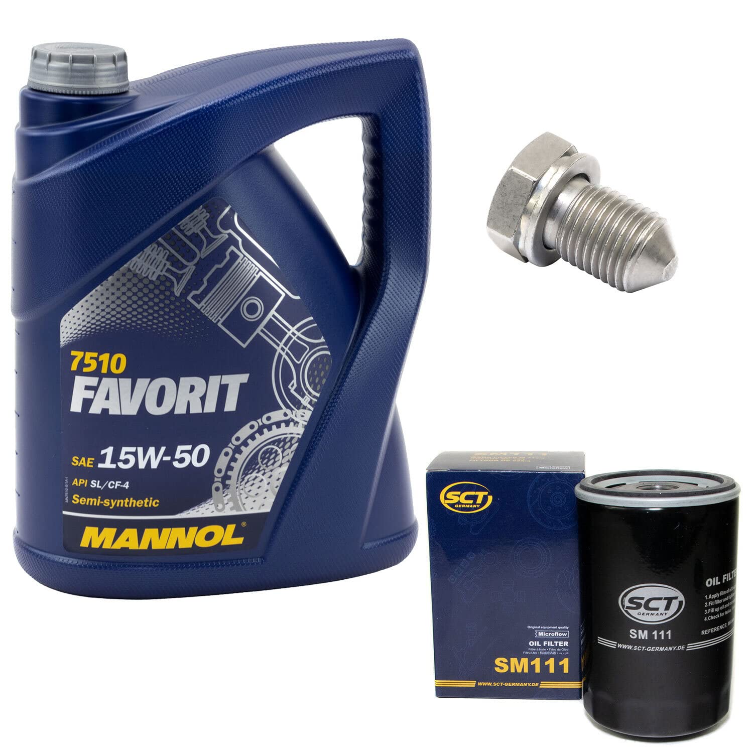 Motoröl Set Favorit 15W-50 API SL CF CF-4 5 Liter + Ölfilter SM111 + Ölablassschraube 15374 Motoröl Set Favorit 15W-50 API SL CF CF-4 5 Liter + Ölfilter SM111 + Ölablassschraube 15374 von MVH Bockauf