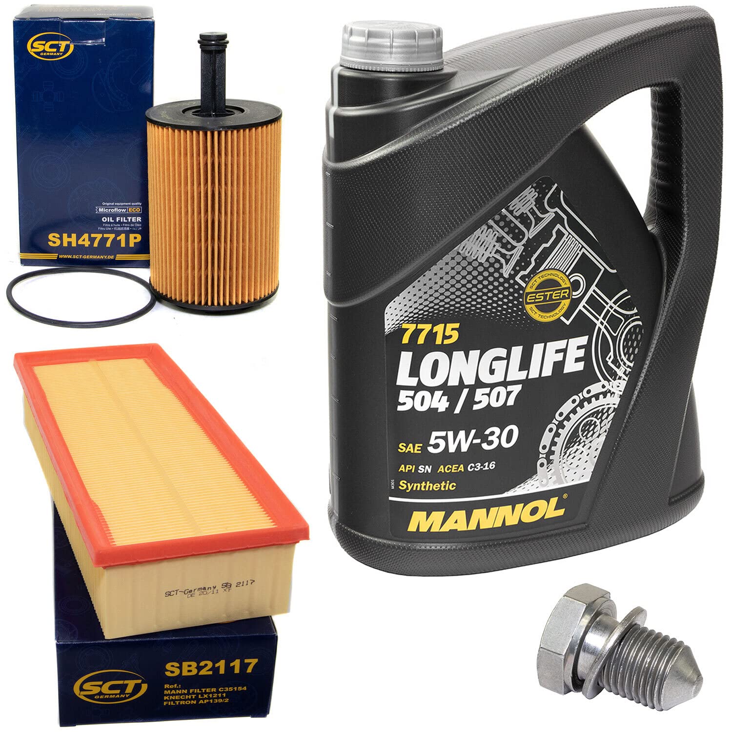 Motoröl Set Longlife 5W-30 5 Liter + Ölfilter SH4771P + Ölablassschraube 48871 + Luftfilter SB2117 Motoröl Set Longlife 5W-30 5 Liter + Ölfilter SH4771P + Ölablassschraube 48871 + Luftfilter SB2117 von MVH Bockauf
