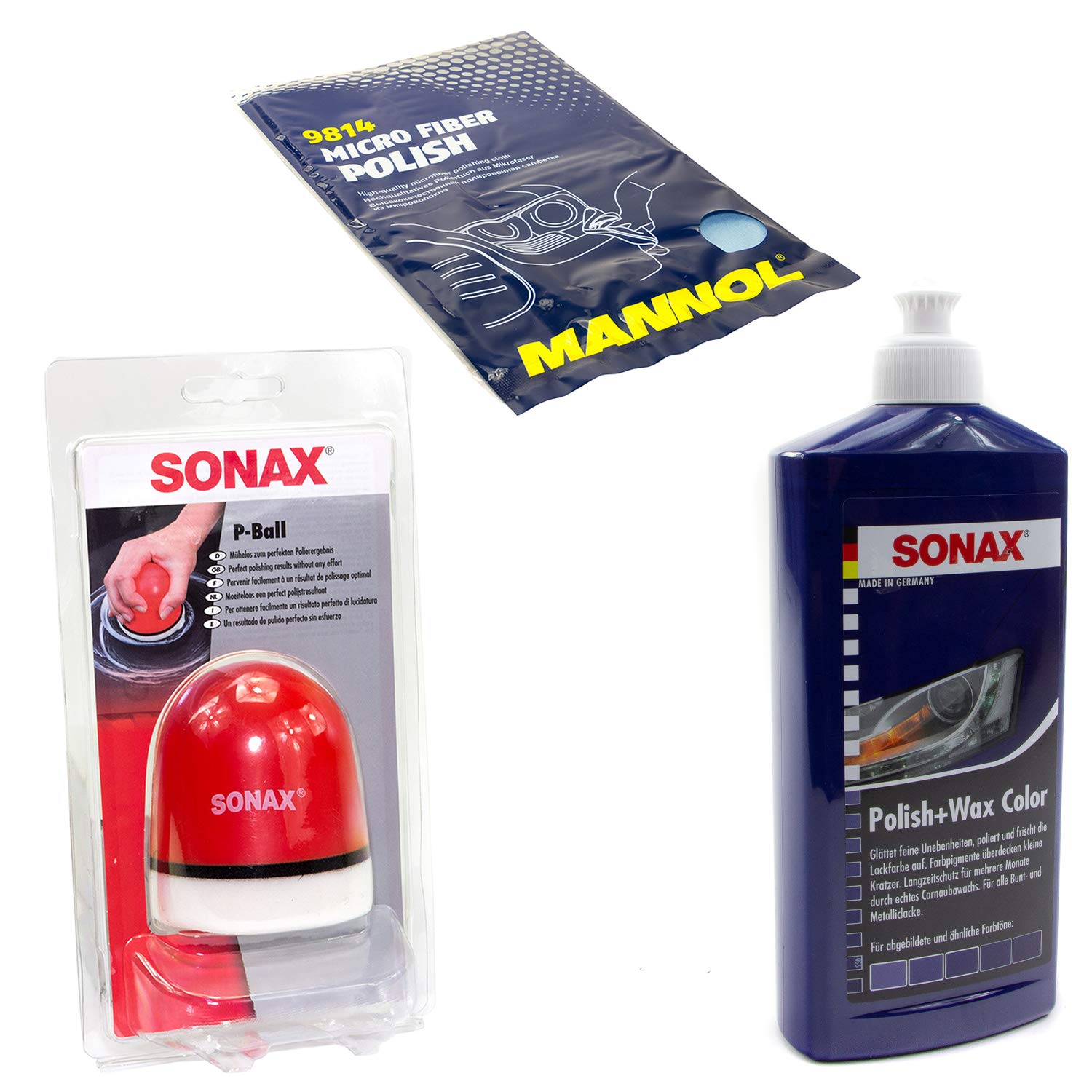 Politur Set Polish und Wax Wachs polieren Lack Color blau SONAX 500 ml + P-Ball Schwamm + Microfasertuch von MVH Bockauf