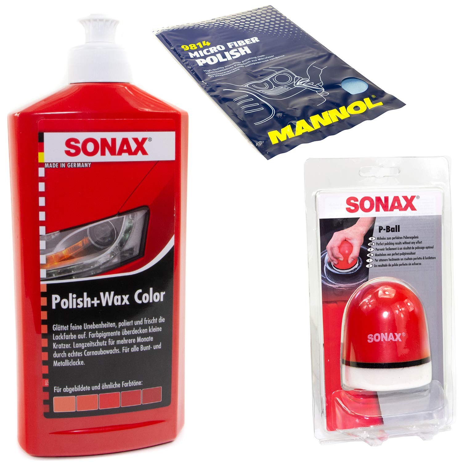 Politur Set Polish und Wax Wachs polieren Lack Color rot SONAX 500 ml + P-Ball Schwamm + Microfasertuch von MVH Bockauf